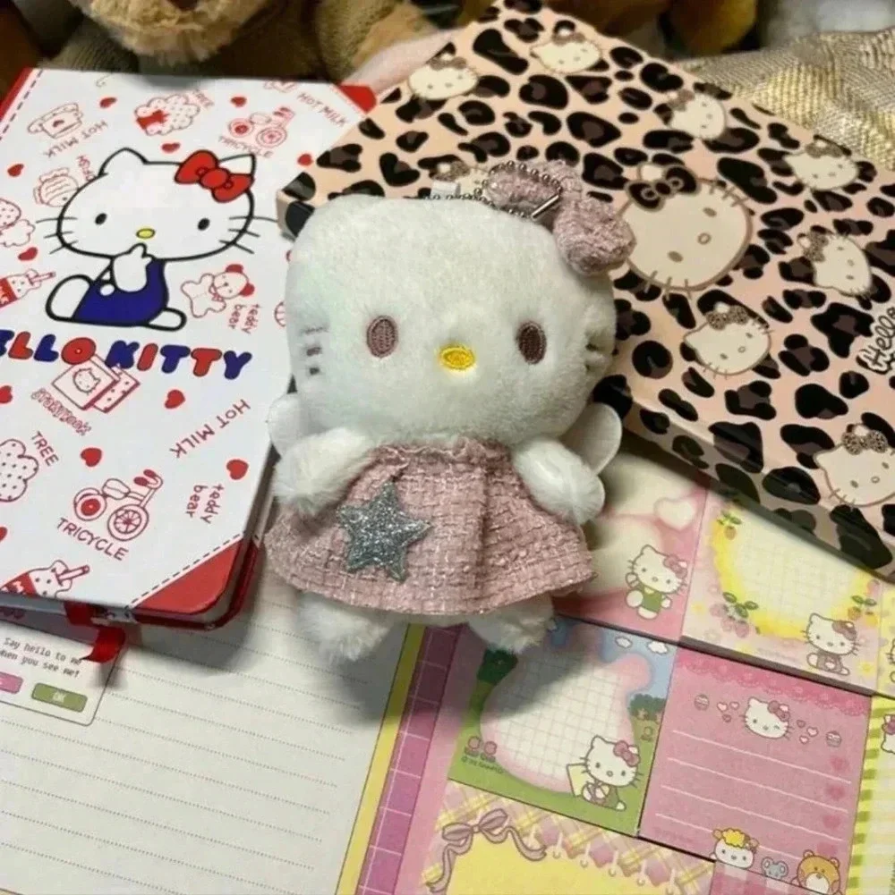 Hello kitty cute pink keychain plush wings bow white dress bag backpack womens